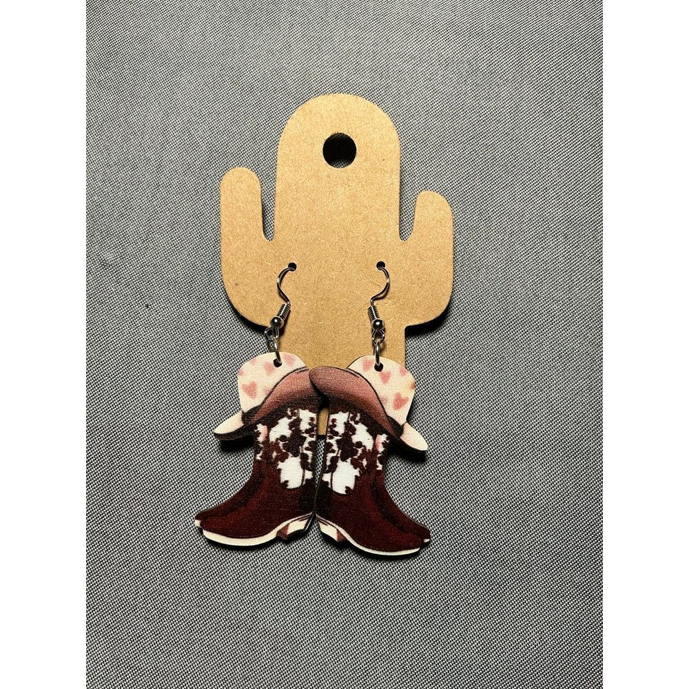 Pink & Brown Cowboy Boot acrylic earrings‎